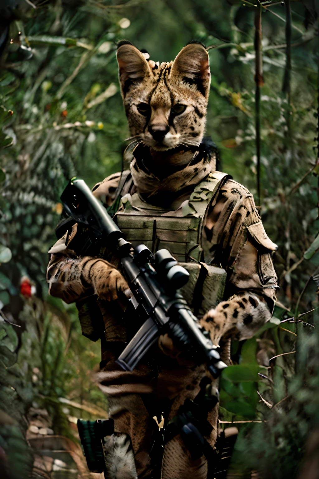 (anthropomorphic serval marine sniper), photo realistic, hyper realistic feline sniper, cat sniper, serval marine in camouflage, (anthropomorphic serval servicing his sniper rifle in the forest)