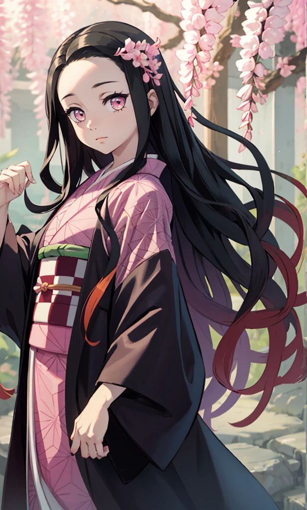 masterpiece, (pink kimono), seductive face, good lighting, low-cut, small details, masterpiece, glowing eyes, 1girl, black hair, on face, Nezuko Kamado, wisteria background, masterpiece, best quality, POV, different poses