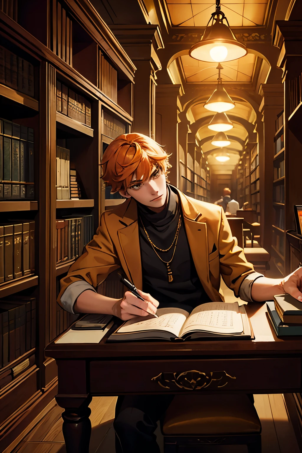 short-haired young bibliomaniac is in an ancient library of Alexandria or Babylon. or in a library in ancient Egypt he has orange hair and another young man looks at him and dark in his room, sentado y leyendo de espaldas a su escritorio lleno de libros desordenados mientras lee en la oscuridad, a somewhat depressing atmosphere with anatomy and science things.