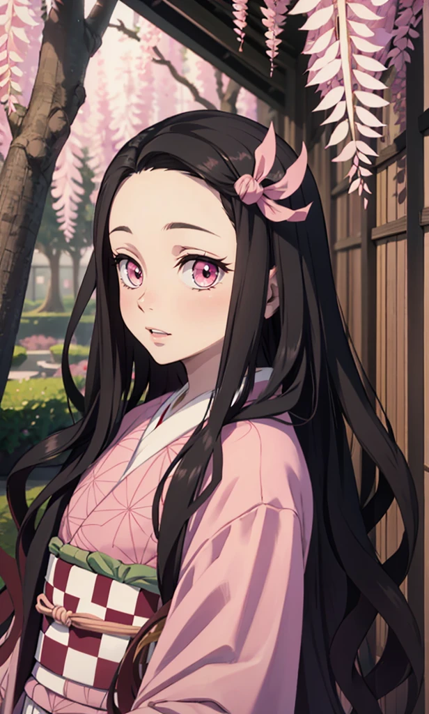 masterpiece, (pink kimono), seductive face, good lighting, low-cut, small details, masterpiece, glowing eyes, 1girl, black hair, on face, Nezuko Kamado, wisteria background, masterpiece, best quality, POV, different poses