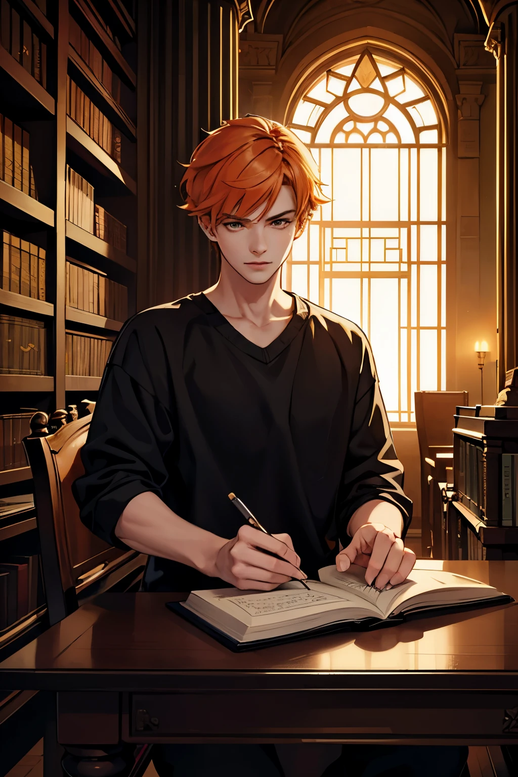 short-haired young bibliomaniac is in an ancient library of Alexandria or Babylon. or in a library in ancient Egypt he has orange hair and another young man looks at him and dark in his room, sentado y leyendo de espaldas a su escritorio lleno de libros desordenados mientras lee en la oscuridad, a somewhat depressing atmosphere with anatomy and science things.