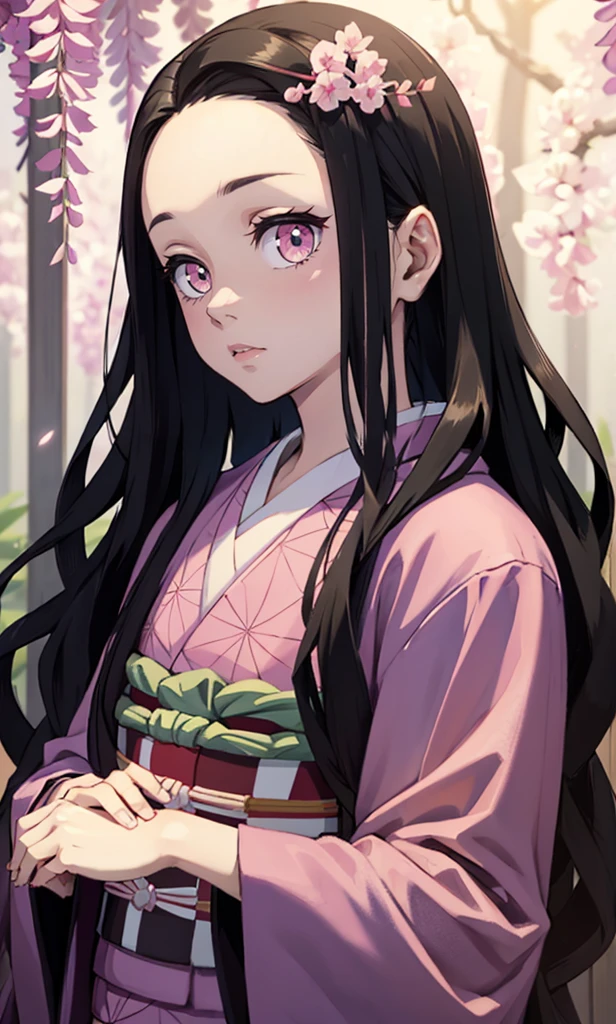 masterpiece, (pink kimono), seductive face, good lighting, low-cut, small details, masterpiece, glowing eyes, 1girl, black hair, on face, Nezuko Kamado, wisteria background, masterpiece, best quality, POV, different poses