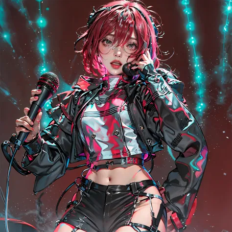  (singing:1.3),  kasane teto, (singer:1.1), (microphone:1.2), on a stage, lucy \(cyberpunk\), red hair, jacket, long sleeves, mu...