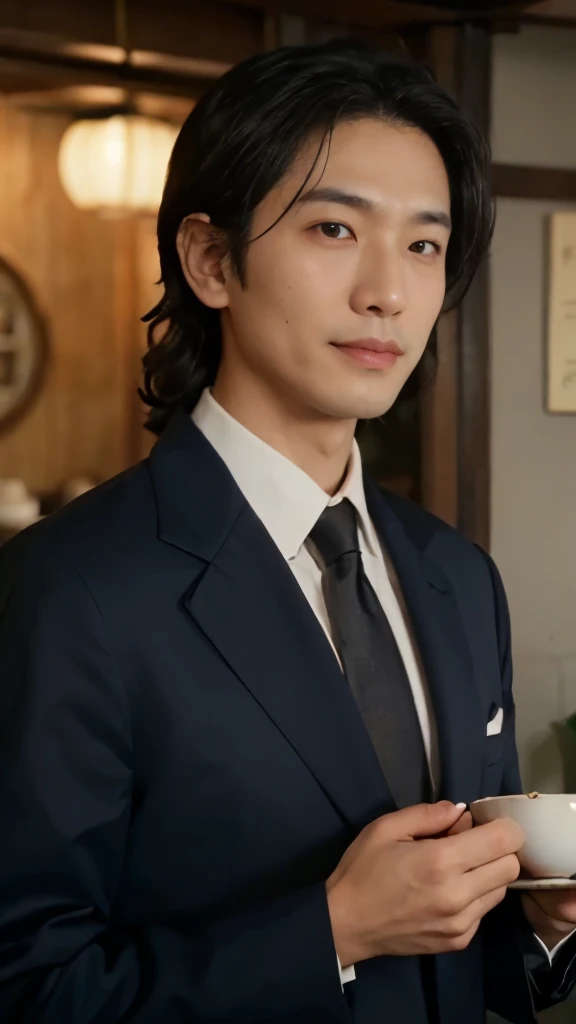 ((Male)), 31 years old, Japanese, high-definition, upper body shot, soft lighting on face, medium-length wavy black hair, slightly asymmetrical refined jawline, arched eyebrows, deep-set brown eyes, a straight nose, a warm smile with a hint of dimples, wearing a tailored navy blue blazer over a crisp white shirt, a subtle tea leaf patterned tie, visible name tag pin showing his role as a tea shop owner, background suggests a cozy tea shop interior, realistic imperfections such as a small scar on the left cheek