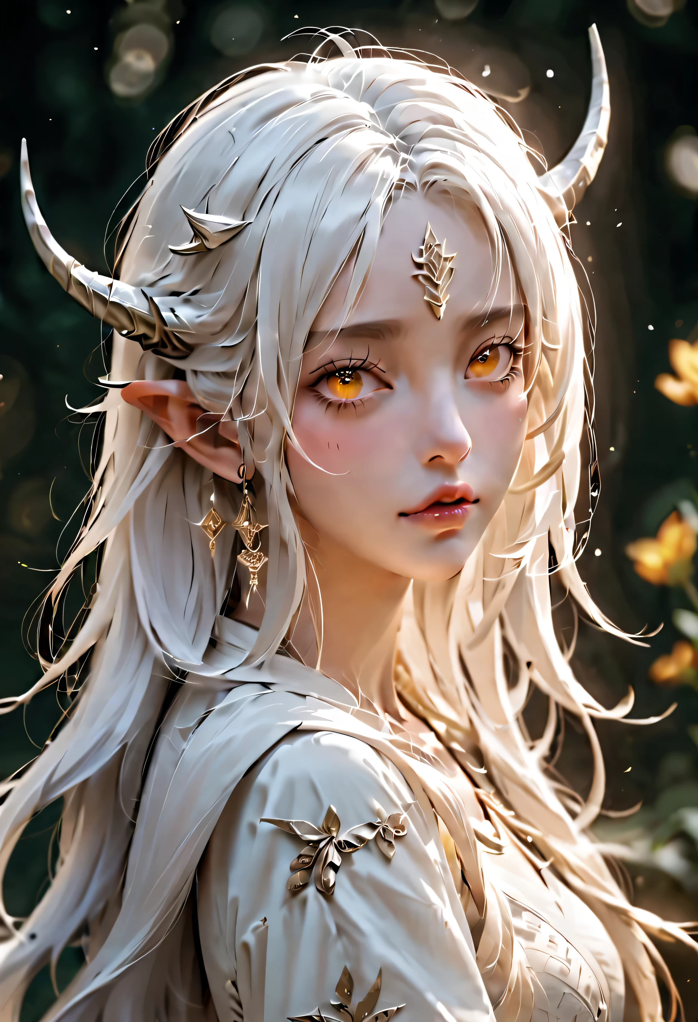 white hair,elf girl,pointy ears,horns on head, yellow eyes,elf ears,
