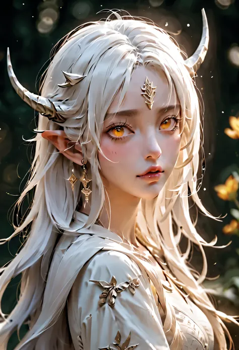 white hair,elf girl,pointy ears,horns on head, yellow eyes,elf ears,
