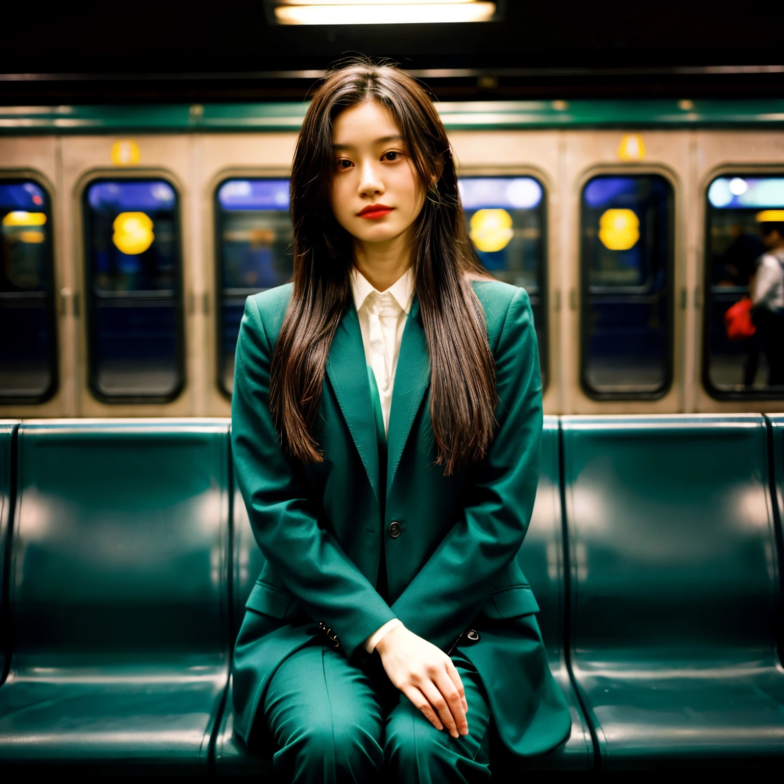 (1girl), solo, asian-girl, black long_hair, wearing(green-formal_suit, jewelry), photo(medium-shot), portrait, sitting-poses, pov, blurry_background, background(futuristic-metro_station), (photorealistic, absurdres, best_quality:1.55),