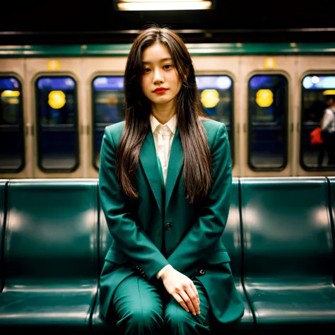 (1girl), solo, asian-girl, black long_hair, wearing(green-formal_suit, jewelry), photo(medium-shot), portrait, sitting-poses, po...