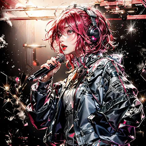  (singing:1.3), (singer:1.2), (microphone:1.2), kasane teto, on a stage, lucy \(cyberpunk\), hair scrunchie, red hair, colored t...