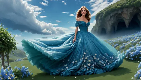 A high resolution, Absolutamente lindo，uma mulher (julia roberts) (27 anos)，O vestido Azul turquesa，The ball skirt is long to th...