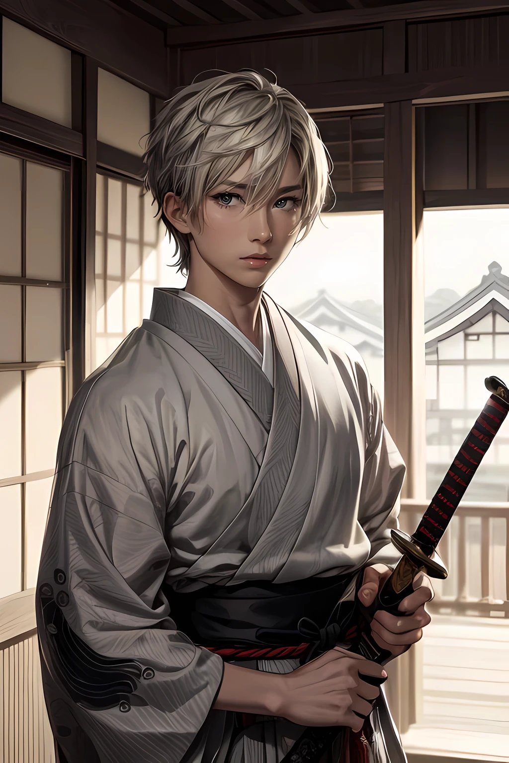 (masterpiece), (best quality), 1male, samurai, (grey color short hair), holding sword, yoroi, japanese house background, detailed gorgeous face, perfect shading, dramatic lighting, highly detailed, intricate details,