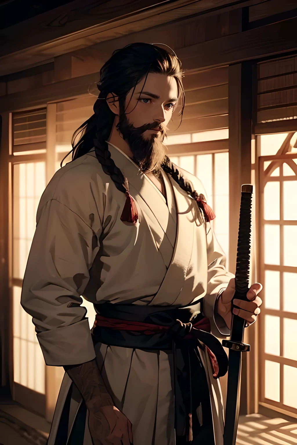 (masterpiece), (best quality), 1male, beard, long tied hair, holding long sword, samurai yoroi outfit, post apocalyptic, perfect shading, cinematic lighting, highly detailed, intricate details, HD 4K, extreme details, wide angle,