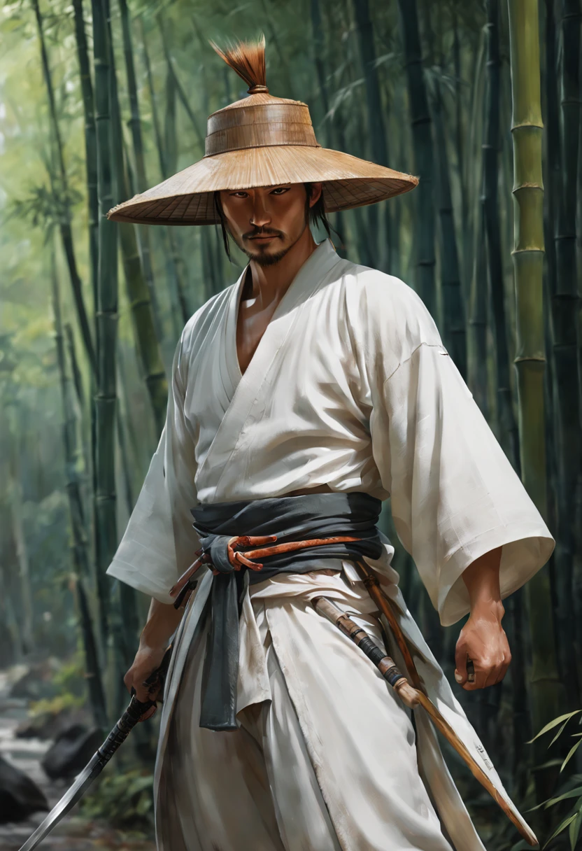 Wearing a bamboo hat.Samurai style with turned back.Impressive handsome man holding sword, beautiful figure painting,concept art, art station, fantasy art, beautiful figure painting, guweiz, rusty digital painting, rusty sakimimichan, flowing white robe, rusty 1. 0