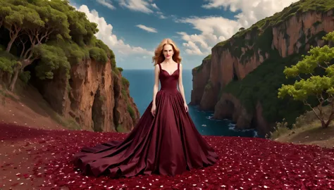 a high resolution, absolutamente lindo，uma mulher (nicole kidman) (27 anos)，the burgundy dress，the ball skirt goes to the floor,...