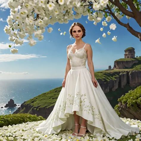 A high resolution, Absolutamente lindo，uma mulher (Natalie Portman) (27 anos)，O vestido Branco，The ball skirt goes to the floor,...