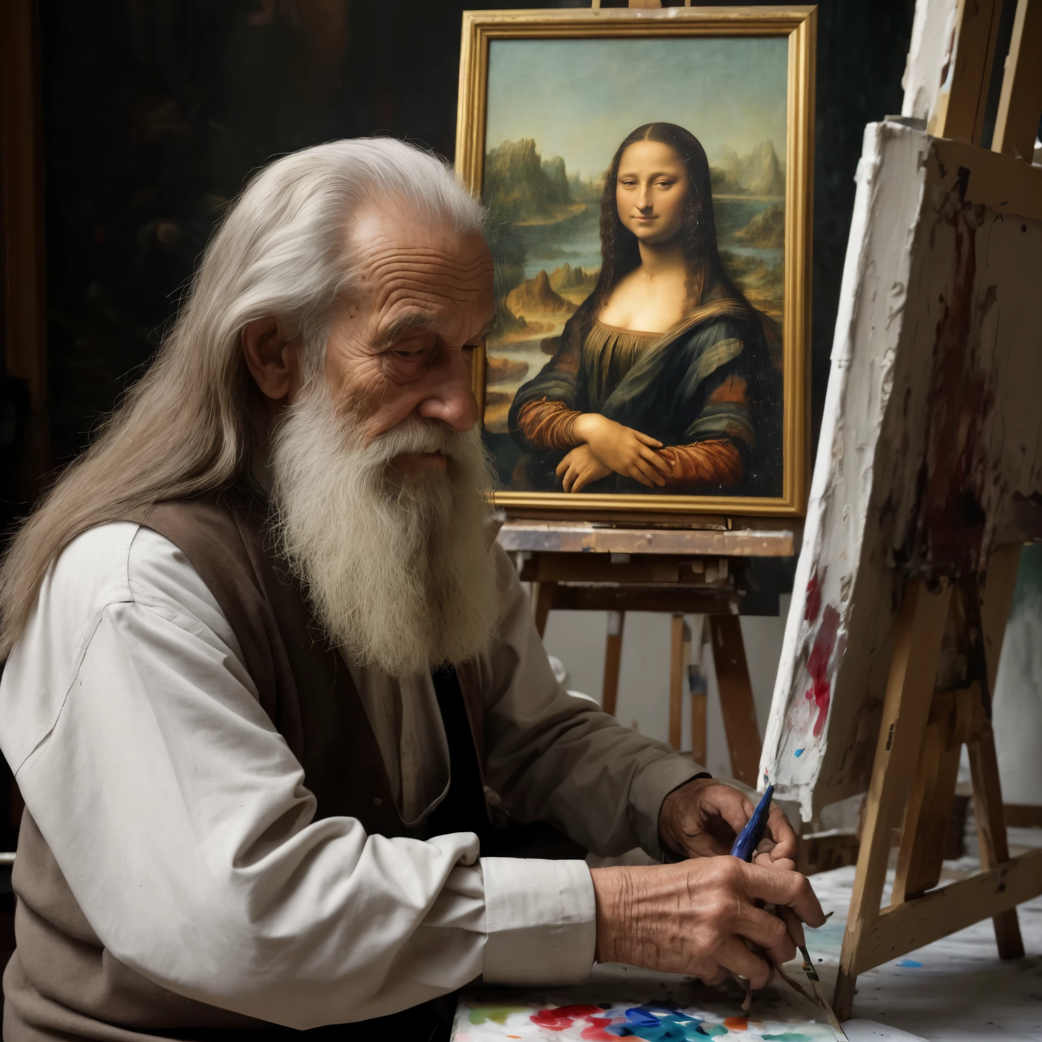 Side view. Elderly man as Leonardo da Vinci, long hair and beard, sitting at the table and painting a portrait of Mona Lisa. Focused on the painting. Clothes stained with paint stains. The painting is small without a frame, on a small easel, standing on a table. Next to it there is a palette, paints in small ceramic bowls, a table covered in paint, dark interior of a painting studio, dark wooden walls in the background, general chaos. Lots of details, other paintings by the master on the walls. Daylight coming through the window and illuminating the painting and the figure of the painter.