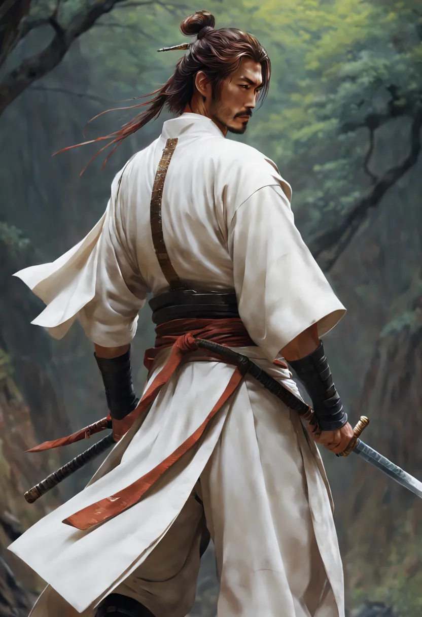 wearing armor.Samurai style with turned back.Impressive handsome man holding sword, beautiful figure painting,concept art, art s...