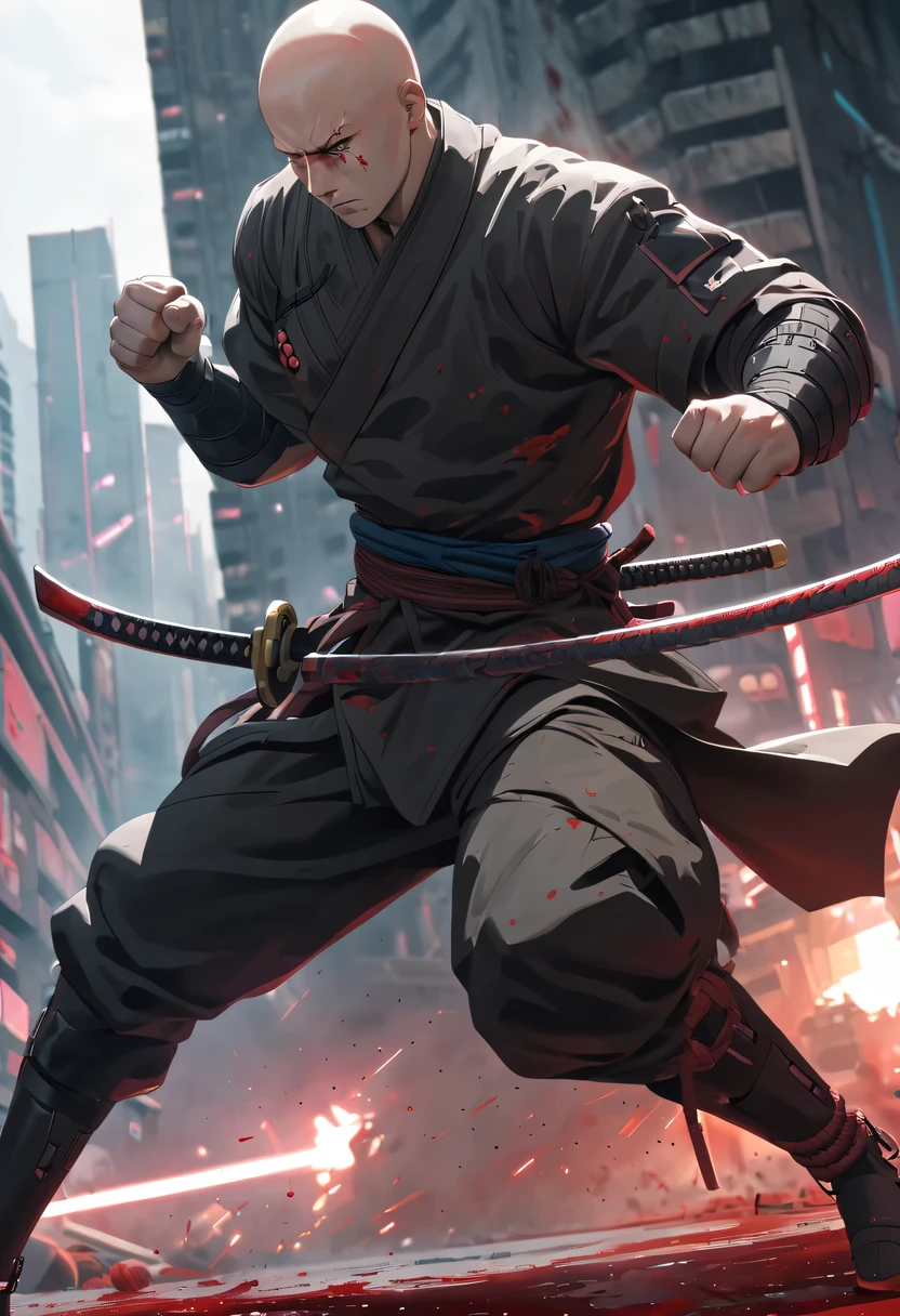 sh4g0d风格赛博朋克武士，(bald，monk:1.2),(Strong dynamic stance)，struggle，(blood spatter)，Strong，His face is very determined， 8k, Ultra-detailed, precise, best quality