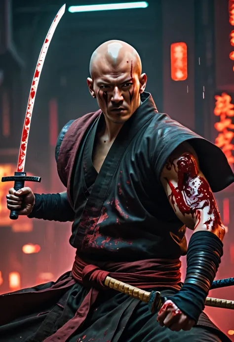 sh4g0d风格赛博朋克武士，(bald，monk:1.2),(strong dynamic stance)，struggle，(blood spatter)，strong，his face is very determined， 8k, ultra-de...