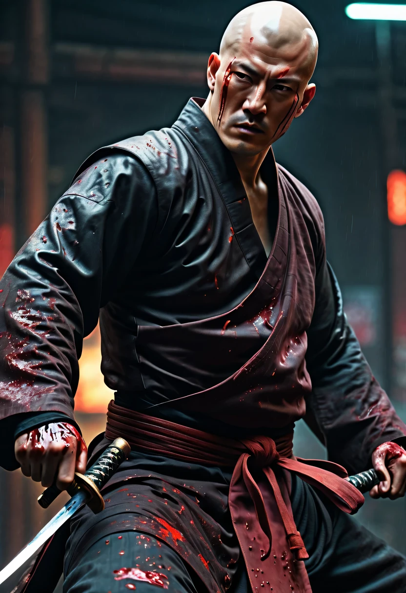 Cyberpunk-Samurai im Sh4g0d-Stil，(bald，monk:1.2),(stark dynamic stance)，Kampf，(Blutspritzer)，stark，Sein Gesicht ist sehr entschlossen， 8k, ultra-detailliert, präzise, beste Qualität