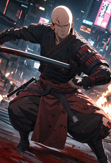 sh4g0d风格赛博朋克武士，(bald，monk:1.2),(Strong dynamic stance)，struggle，(blood spatter)，Strong，His face is very determined， 8k, Ultra-de...