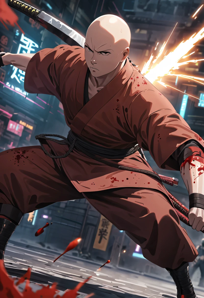 Cyberpunk-Samurai im Sh4g0d-Stil，(bald，monk:1.2),(stark dynamic stance)，Kampf，(Blutspritzer)，stark，Sein Gesicht ist sehr entschlossen， 8k, ultra-detailliert, präzise, beste Qualität