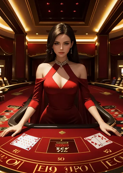 There is a female croupier in a low-cut red dress in the casino dazzling eyes and jewels in her hair, hands reach for the lens, ...