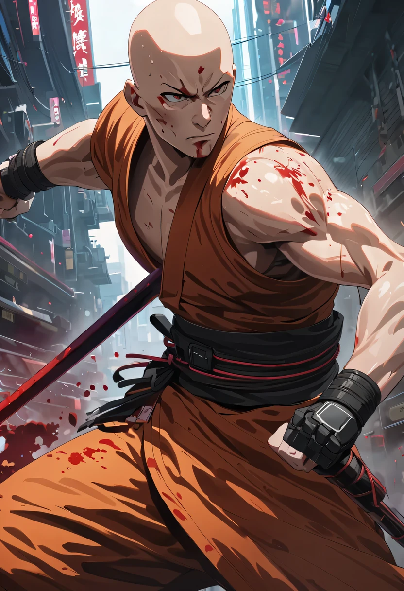 sh4g0d风格赛博朋克武士，(bald，monk:1.2),(Strong dynamic stance)，struggle，(blood spatter)，Strong，His face is very determined， 8k, Ultra-detailed, precise, best quality