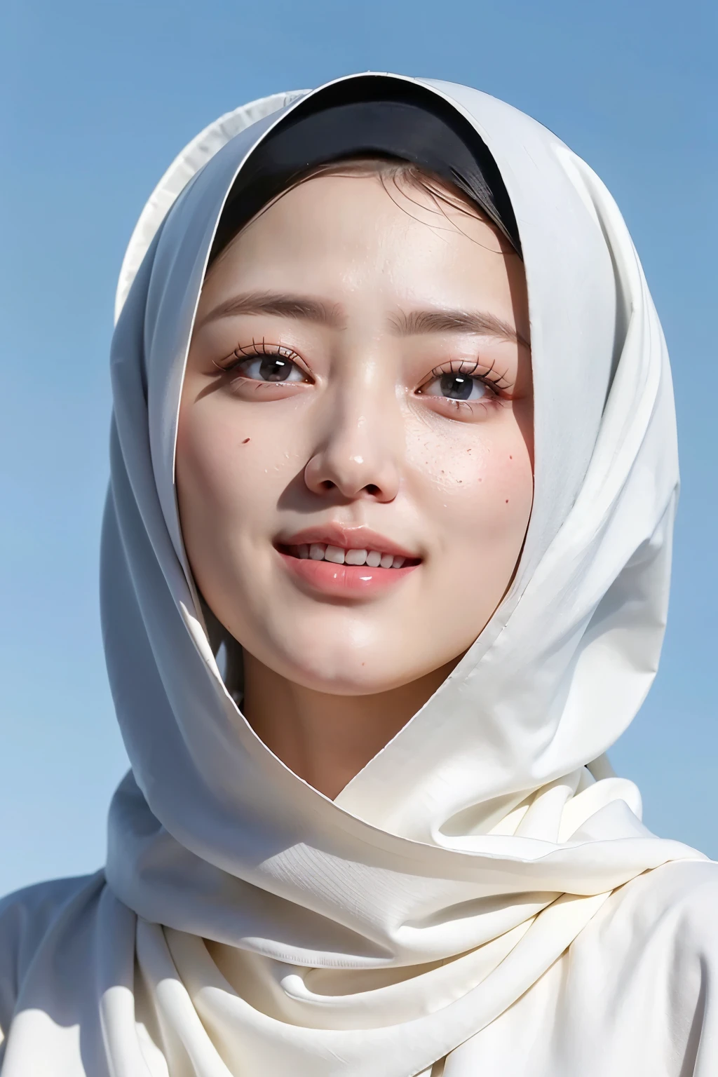 ((Best quality, 8k, Masterpiece :1.37)), (wear hijab white collor), girls wear hijab white collor, (girls wearing hijab moslem), beautiful face, face bukkake, 18 years old girls, ultra detailed face, ((Lips Smiling)), ultra detailed body, slim body, lips smile, Beautiful detailed eyes, eyes korean, detailed nose, Natural Lip, Wear hijab moslem, fancy jubba thobbe, (photo body), view of the blue sky, Slim Body, realistic face, backround people hijab 