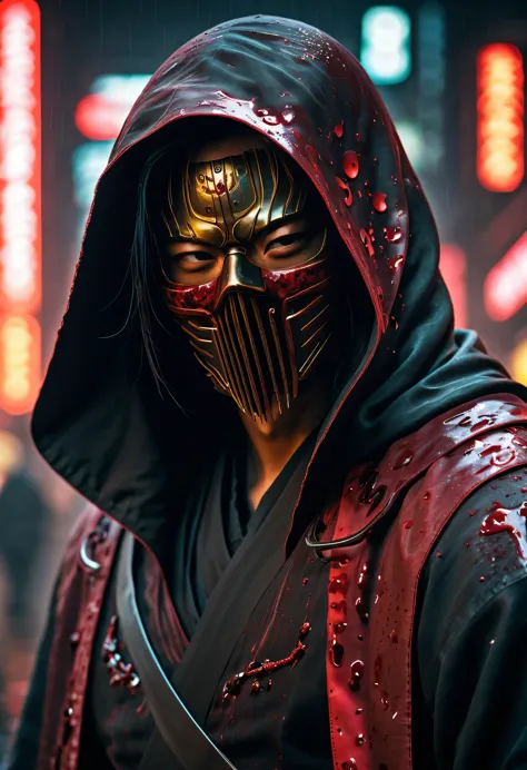 sh4g0d风格赛博朋克武士，(cape mask:1.2),(strong dynamic stance)，struggle，(blood spatter)，strong，his face is very determined， 8k, ultra-de...