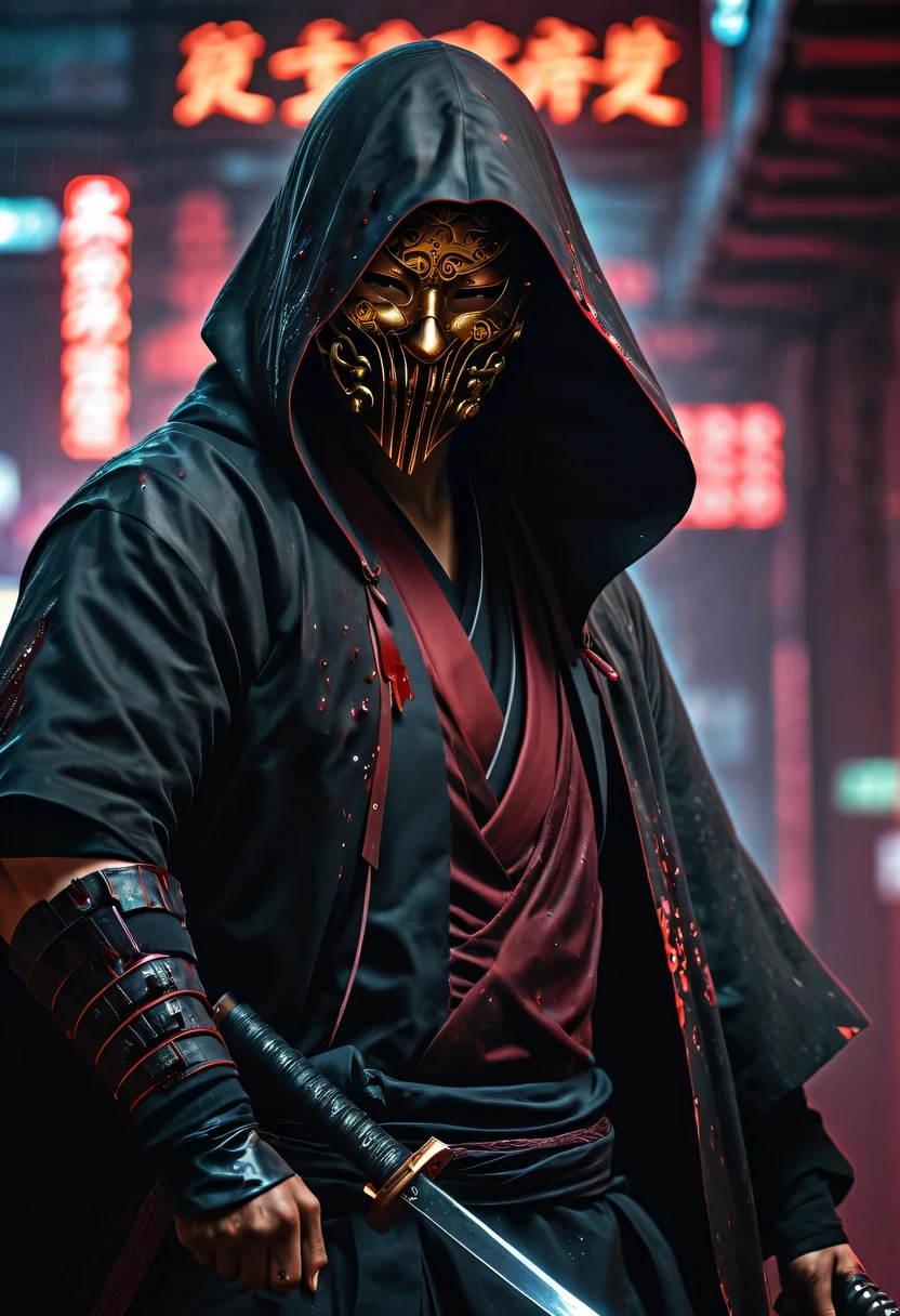 sh4g0d风格赛博朋克武士，(cape mask:1.2),(Strong dynamic stance)，struggle，(blood spatter)，Strong，His face is very determined， 8k, Ultra-detailed, precise, best quality