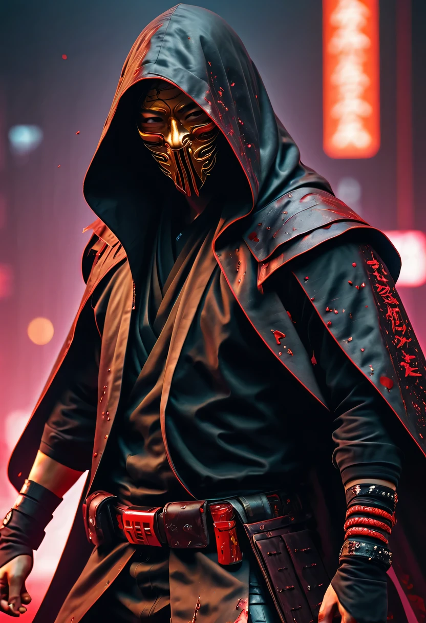 sh4g0d风格赛博朋克武士，(cape mask:1.2),(Strong dynamic stance)，struggle，(blood spatter)，Strong，His face is very determined， 8k, Ultra-detailed, precise, best quality