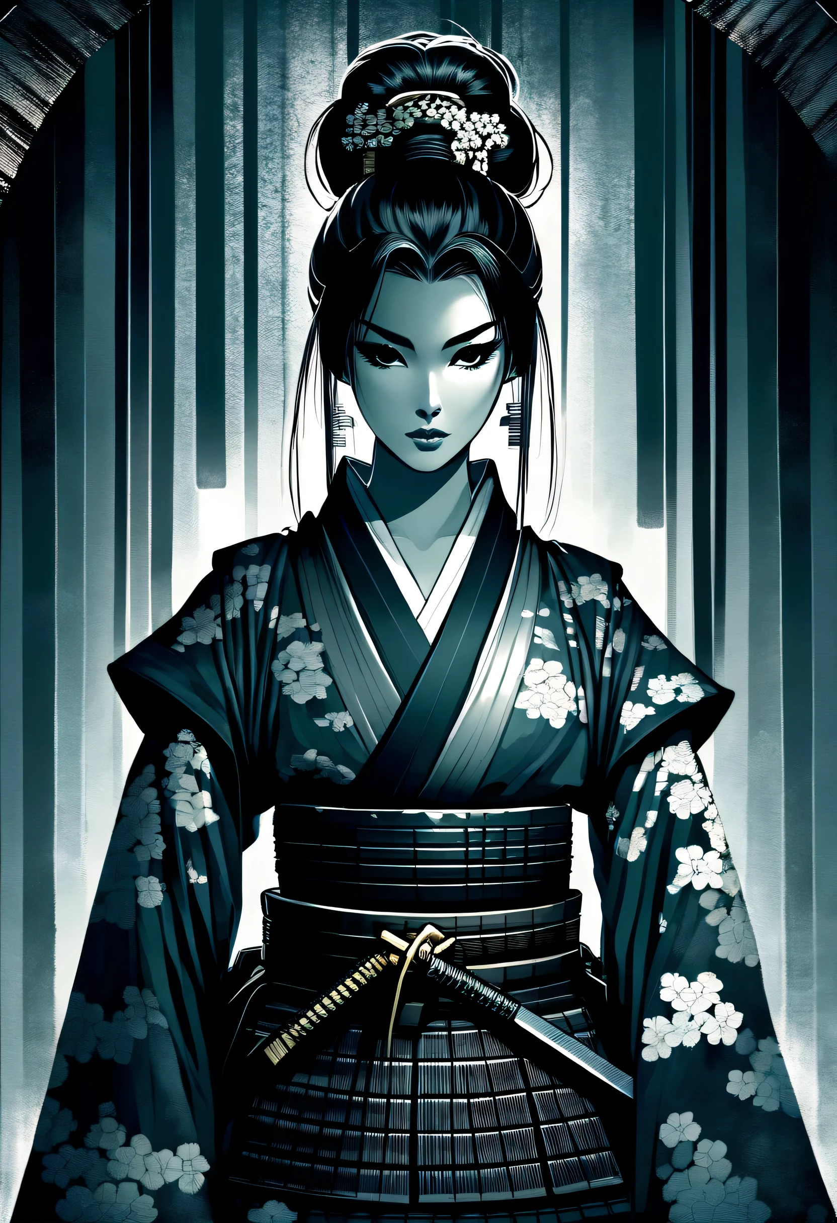 seul, Une fille samouraï d&#39;une beauté exceptionnelle se démarque, Visage délicat orné d&#39;un chignon, augmenter l&#39;aura intense. Avec des illustrations de dark fantasy, Pouvoir à considérer, La forme du visage triangulaire inversé améliore l&#39;élégance et l&#39;élégance, Les traits délicats d&#39;un samouraï, Mis en valeur par de superbes illustrations, Ajout de féminité à la personnalité féroce du samouraï, Seule l&#39;atmosphère ajoute à la beauté impressionnante, Créez des illustrations uniques et visuellement diversifiées, Une imposante samouraïe aux traits délicats et au chignon, Améliore l&#39;élégance et l&#39;élégance des ombres, Paramètre Dark Fantasy uniquement, Ajoutez des détails à vos personnages captivants, Fonctionnalité d&#39;invite créative et intéressante, Avec des illustrations de dark fantasy奥行きを表現, Créez visuellement un arrière-plan de coup de pinceau unique sur une toile de fond de beauté déjà impressionnante., Sujet détaillé descriptif et complexe pour les illustrations,