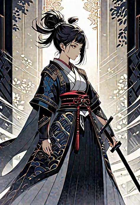 alone, an exceptionally beautiful samurai girl stands out, delicate face adorned with a topknot, increase intense aura. with dar...