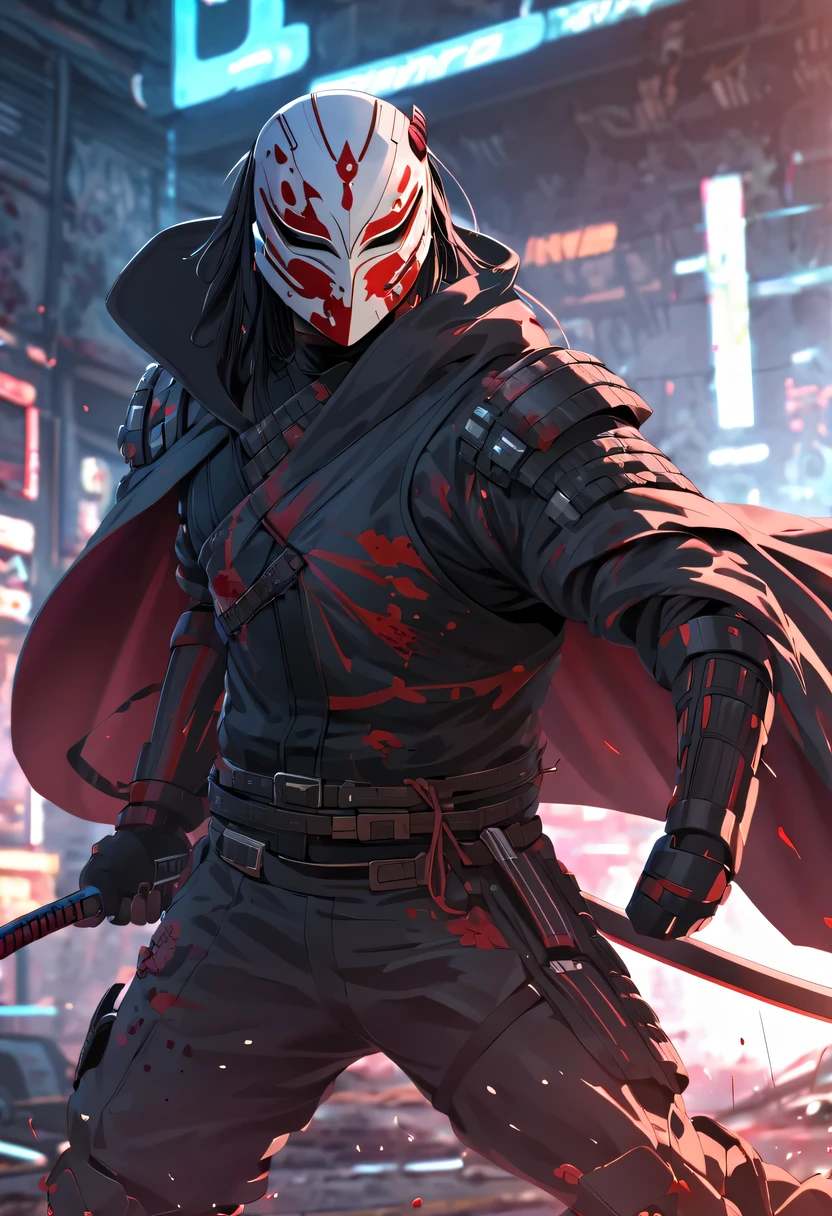 Cyberpunk-Samurai im Sh4g0d-Stil，(Umhang Maske:1.2),(stark dynamic stance)，Kampf，(Blutspritzer)，stark，Sein Gesicht ist sehr entschlossen， 8k, ultra-detailliert, präzise, beste Qualität