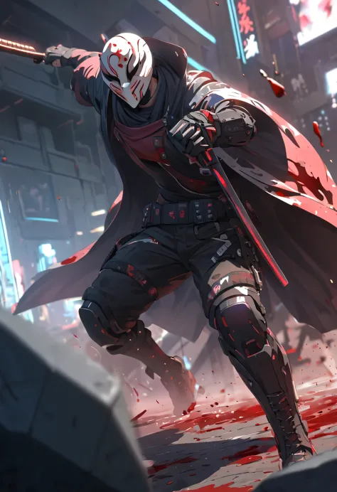 sh4g0d风格赛博朋克武士，(cape mask:1.2),(Strong dynamic stance)，struggle，(blood spatter)，Strong，His face is very determined， 8k, Ultra-de...