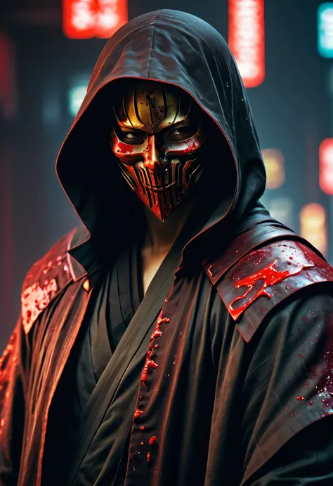 sh4g0d风格赛博朋克武士，(cape mask:1.2),(strong dynamic stance)，struggle，(blood spatter)，strong，his face is very determined， 8k, ultra-de...