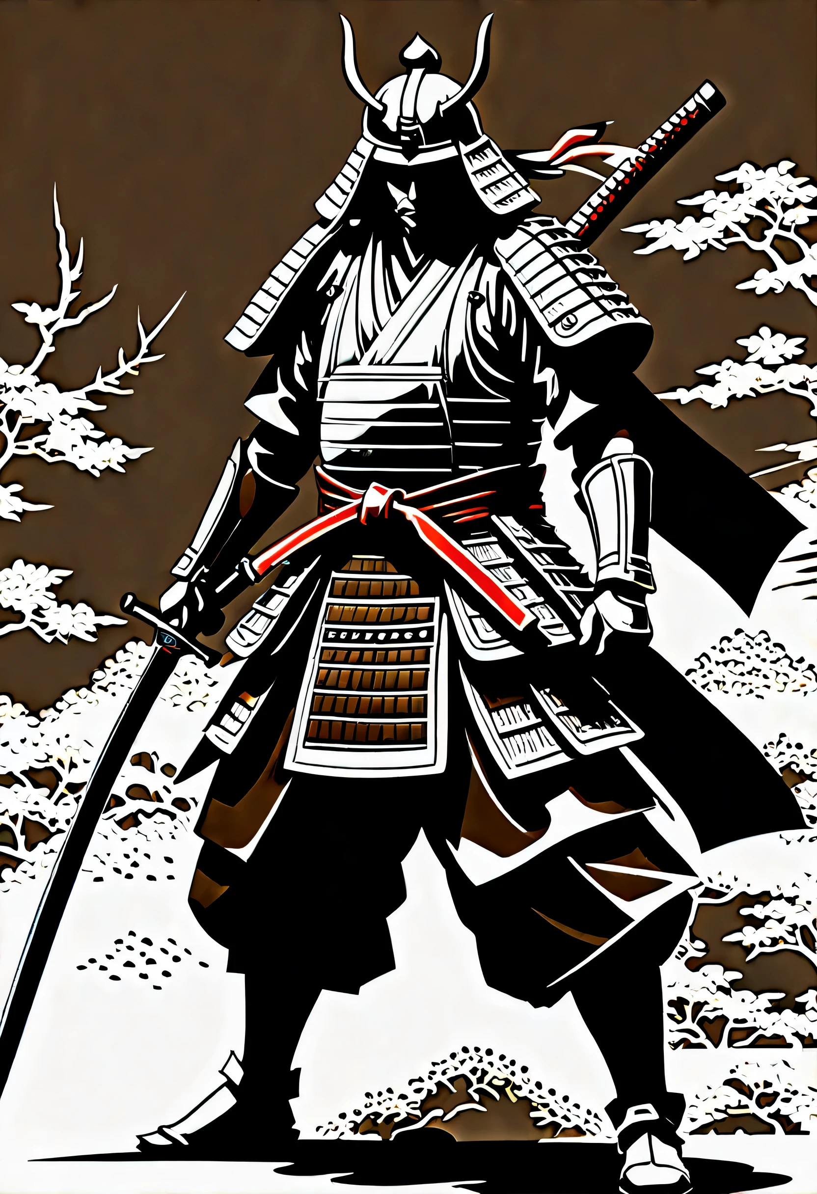 The stoic samurai exudes a sense of honor and integrity, An inverted triangular face that exudes courage and strength, The details of the armor and sword are precisely expressed.、Creates a brave atmosphere。, on the other hand、A plain dark brown kimono adds simplicity and elegance, Matte illustration style, The samurai stands gracefully, sword in sheath, Overall great illustrations, Beautifully detailed brushstrokes, Perfect attention to detail and seamless blending, Perfect attention to detail of traditional and modern elements,
