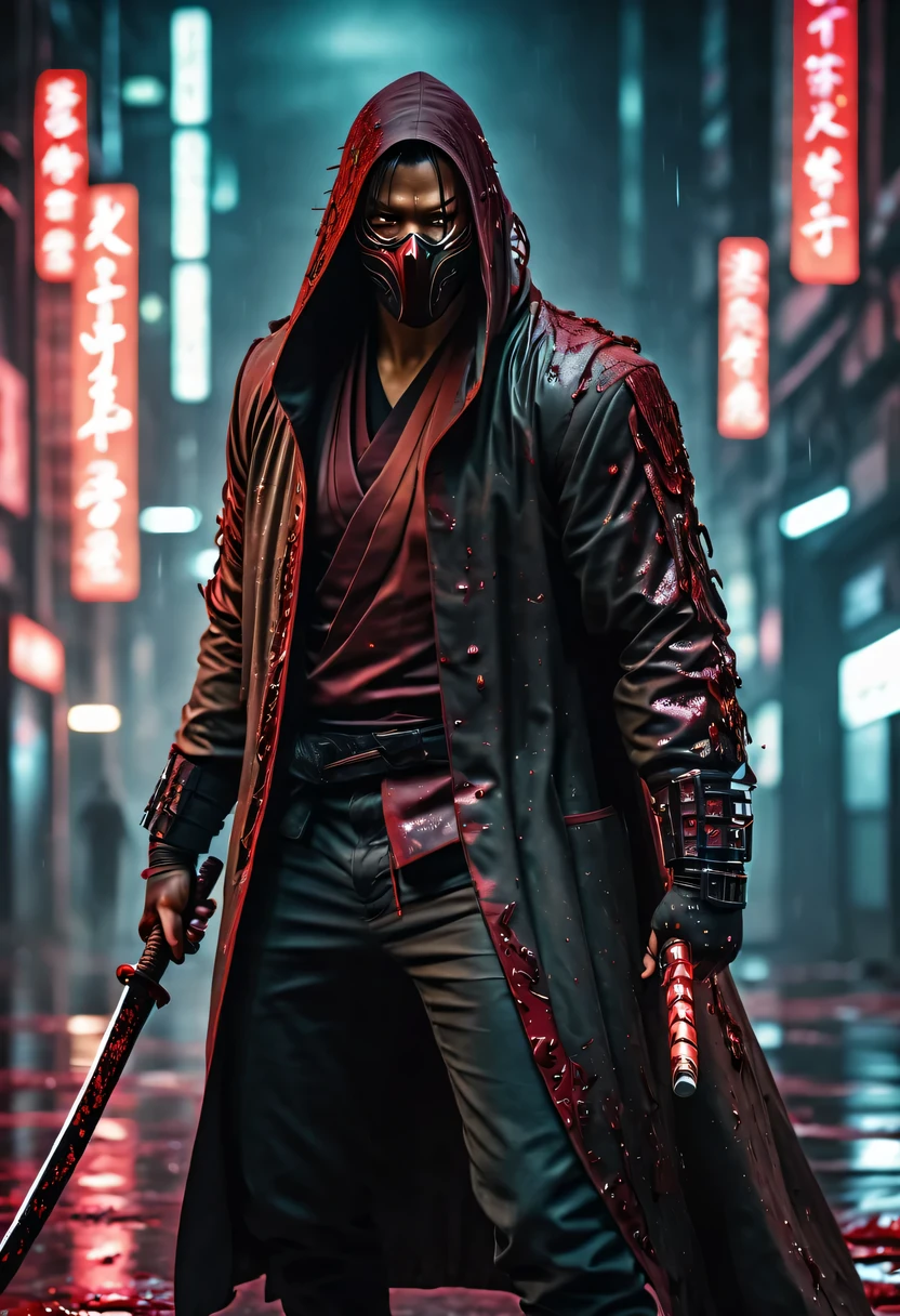 sh4g0d风格赛博朋克武士，(cape mask:1.2),(Strong dynamic stance:1.5)，struggle，(blood spatter)，Strong，His face is very determined， 8k, Ultra-detailed, precise, best quality