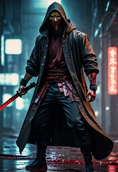 sh4g0d风格赛博朋克武士，(cape mask:1.2),(strong dynamic stance:1.5)，struggle，(blood spatter)，strong，his face is very determined， 8k, ultr...