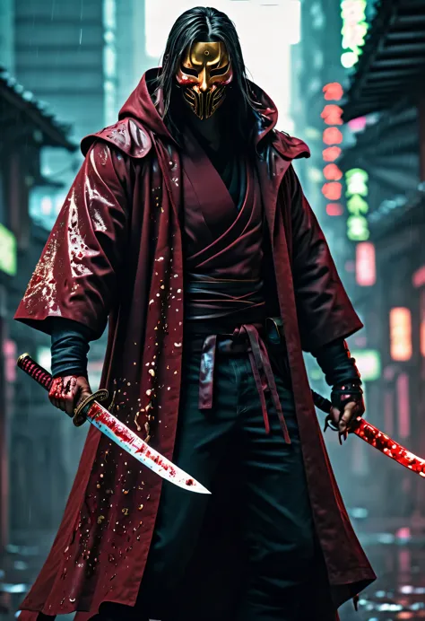 sh4g0d风格赛博朋克武士，(cape mask:1.2),(strong dynamic stance:1.5)，(struggle:1.3)，(blood spatter)，strong，his face is very determined， 8k...