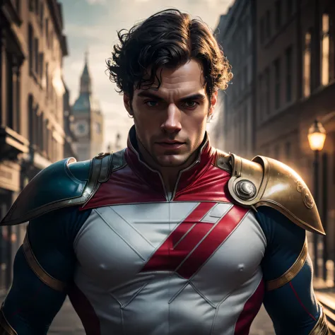 henry cavill as captain britain, luzes brilhantes, (dynamic pose), (hyper realista:1.4), (realista:1.3), (pele com textura real ...