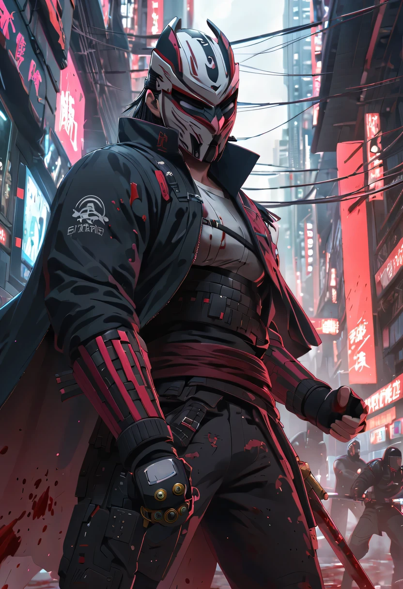 sh4g0d style cyberpunk warrior，(cape mask:1.2),(Strong dynamic stance)，struggle，(blood spatter)，Strong，His face is very determined， 8K, Ultra-detailed, precise, best quality