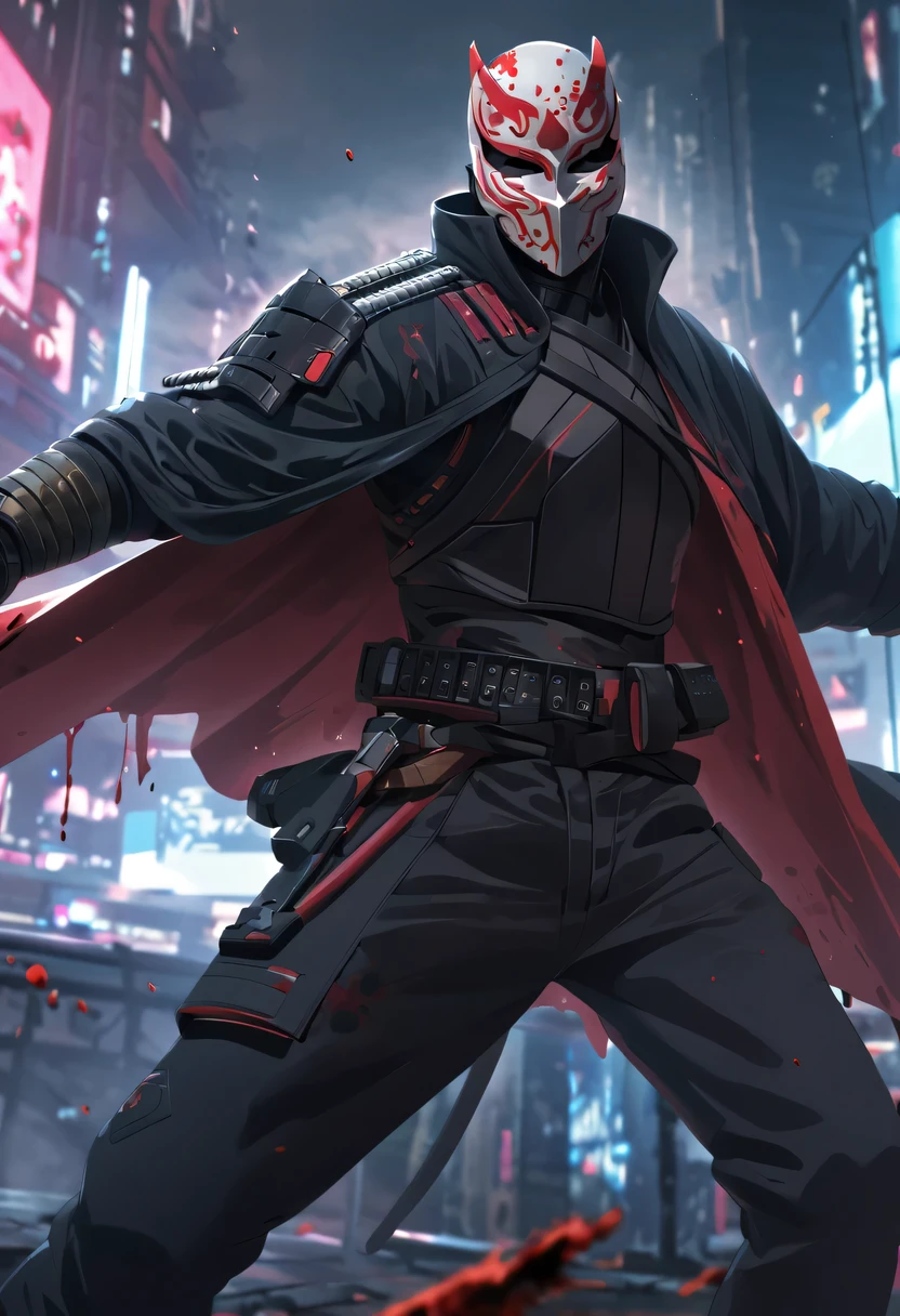 sh4g0d style cyberpunk warrior，(cape mask:1.2),(Strong dynamic stance)，struggle，(blood spatter)，Strong，His face is very determined， 8K, Ultra-detailed, precise, best quality