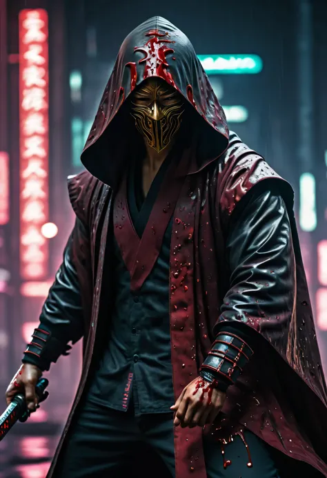 sh4g0d风格赛博朋克武士，(cape mask:1.2),(strong dynamic stance:1.5)，(struggle:1.3)，(blood spatter)，strong，his face is very determined， 8k...