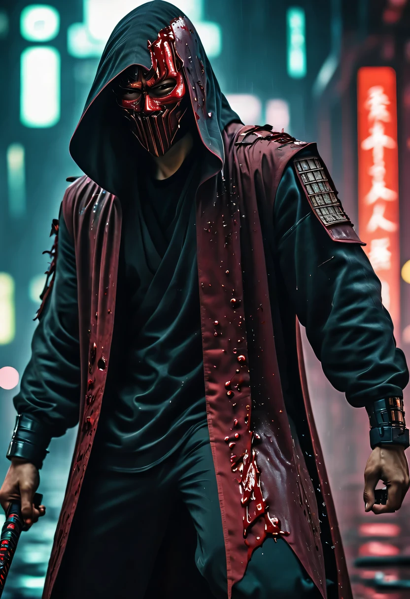 sh4g0d风格赛博朋克武士，(cape mask:1.2),(Strong dynamic stance:1.5)，(struggle:1.3)，(blood spatter)，Strong，His face is very determined， 8k, Ultra-detailed, precise, best quality