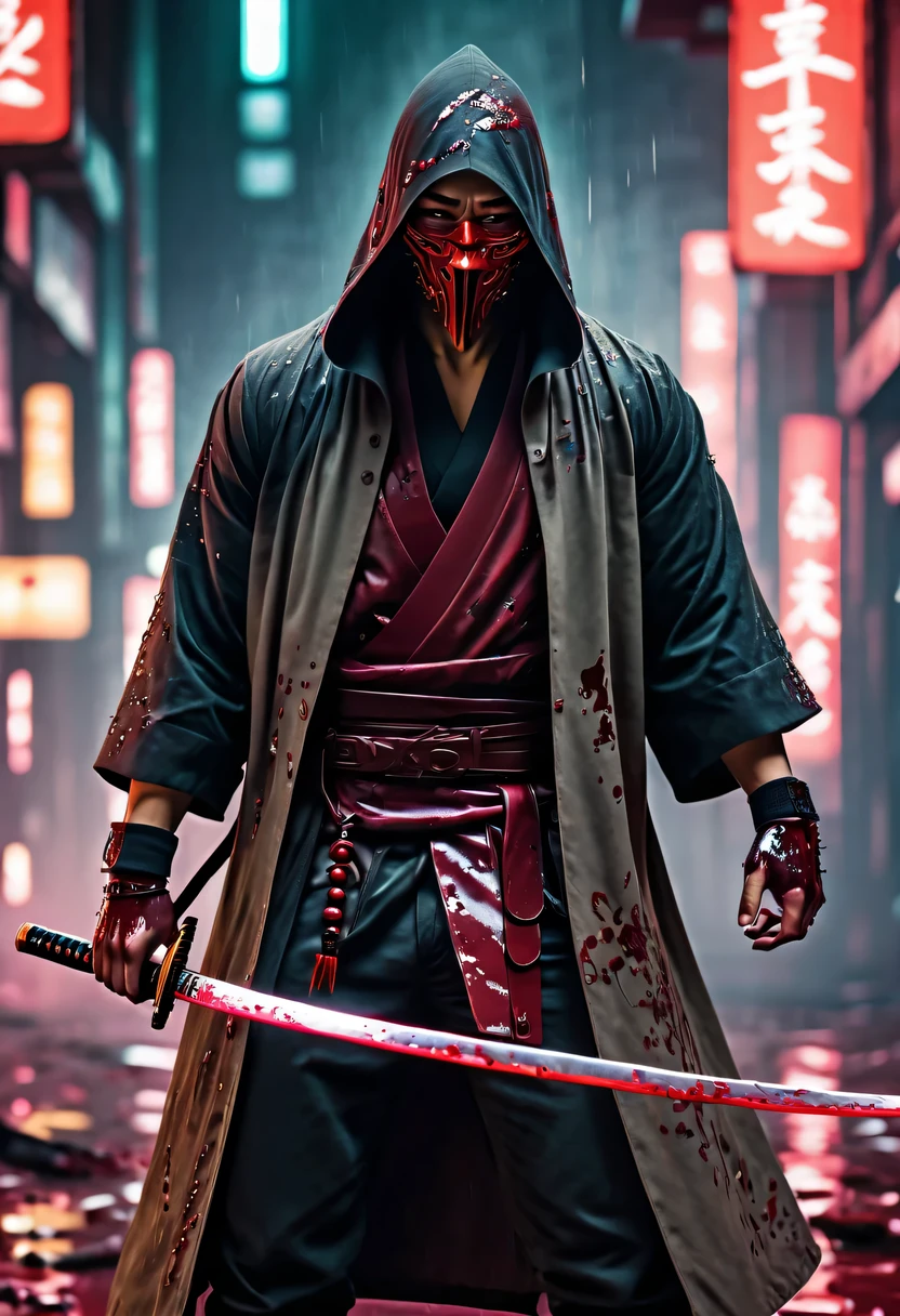 Cyberpunk-Samurai im Sh4g0d-Stil，(Umhang Maske:1.2),(stark dynamic stance:1.5)，(Kampf:1.3)，(Blutspritzer)，stark，Sein Gesicht ist sehr entschlossen， 8k, ultra-detailliert, präzise, beste Qualität