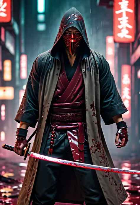 sh4g0d风格赛博朋克武士，(cape mask:1.2),(Strong dynamic stance:1.5)，(struggle:1.3)，(blood spatter)，Strong，His face is very determined， 8k...