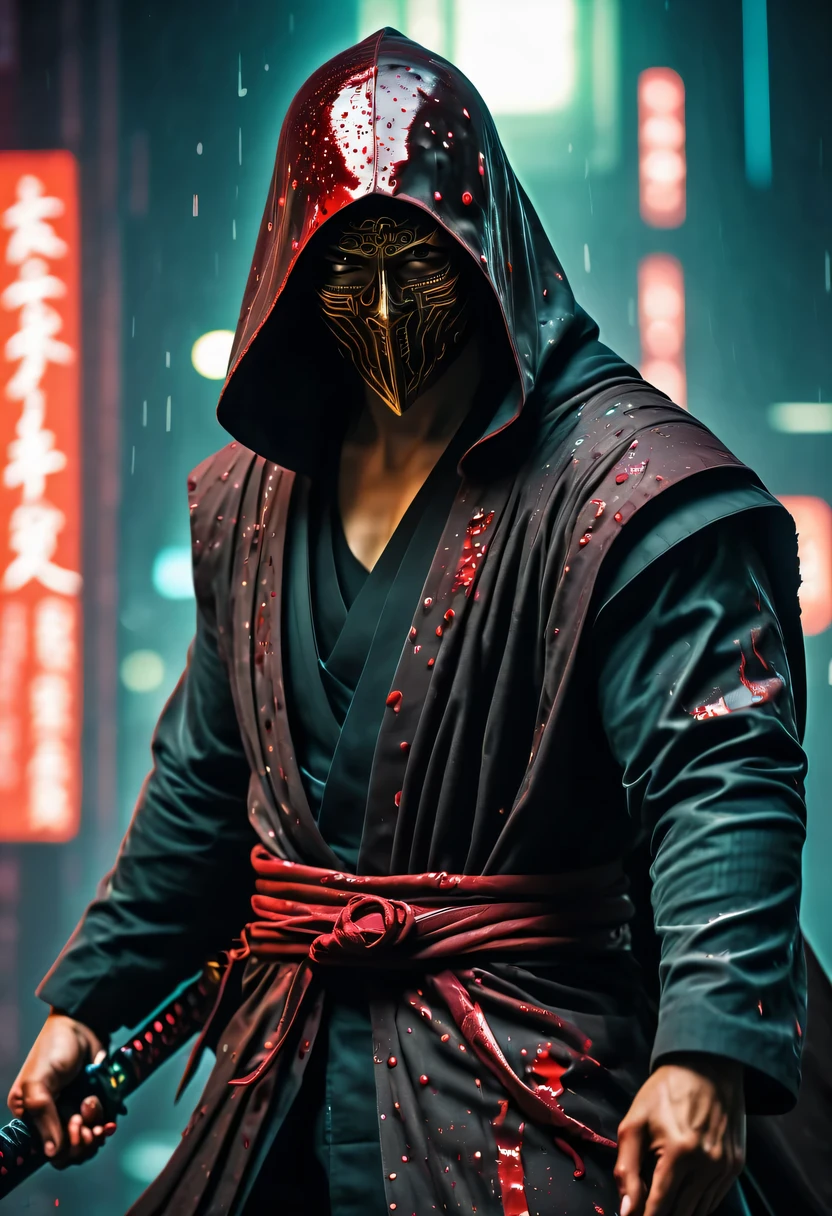 sh4g0d风格赛博朋克武士，(cape mask:1.2),(Strong dynamic stance:1.5)，(struggle:1.3)，(blood spatter)，Strong，His face is very determined， 8k, Ultra-detailed, precise, best quality