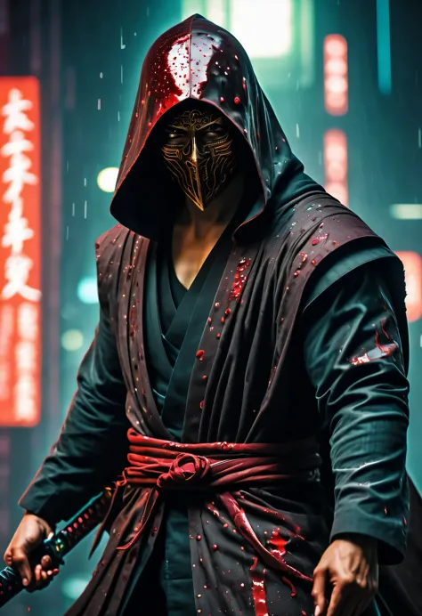 sh4g0d风格赛博朋克武士，(cape mask:1.2),(Strong dynamic stance:1.5)，(struggle:1.3)，(blood spatter)，Strong，His face is very determined， 8k...